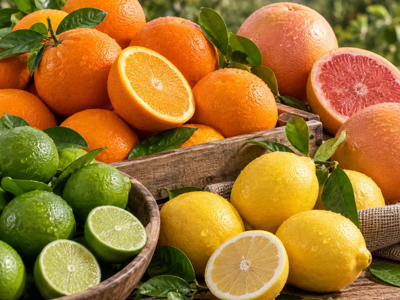 Naranjas, limones y mandarinas recién cosechados en caja de madera